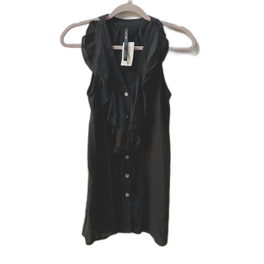 NWT Vintage Y2K Black Ruffle V-Neck Tank Top Women’s M Button Up Sleeveless